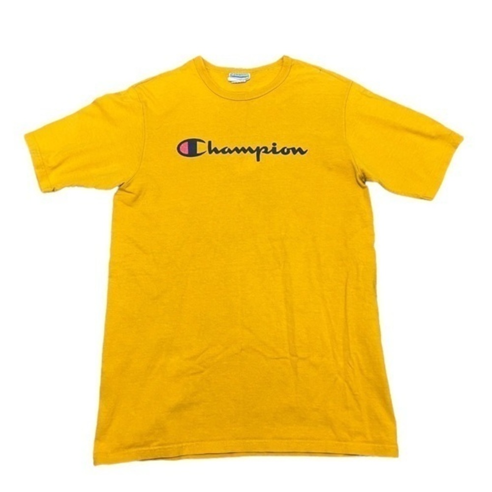 Vintage Champion 90s Logo Men Yellow T-shirt made in Honduras size Large